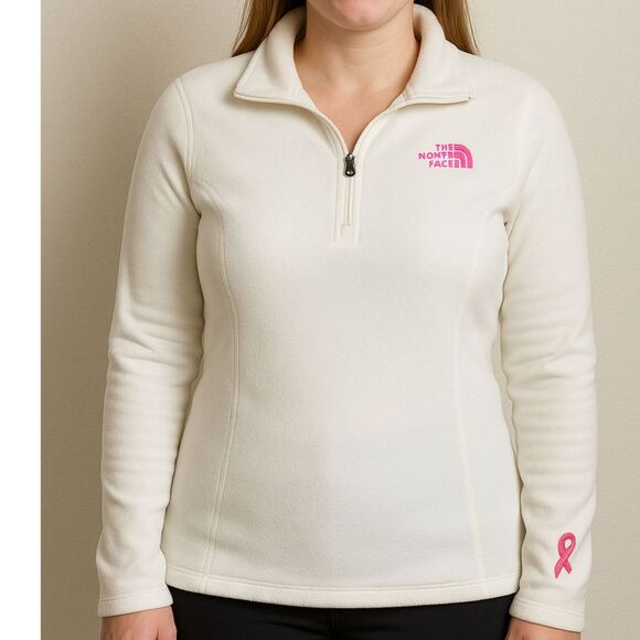 The North Face Women’s L-XL White Fleece Quarter Zip Pullover Pink Ribbon - Picture 1 of 15